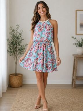 Floral Halter Sundress in Light Blue
